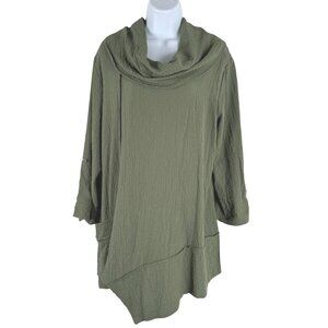 Ali Miles Gauze Tunic Top Large Green Asymmetrical Cowl Neck 3/4 Sleeve TP-3598
